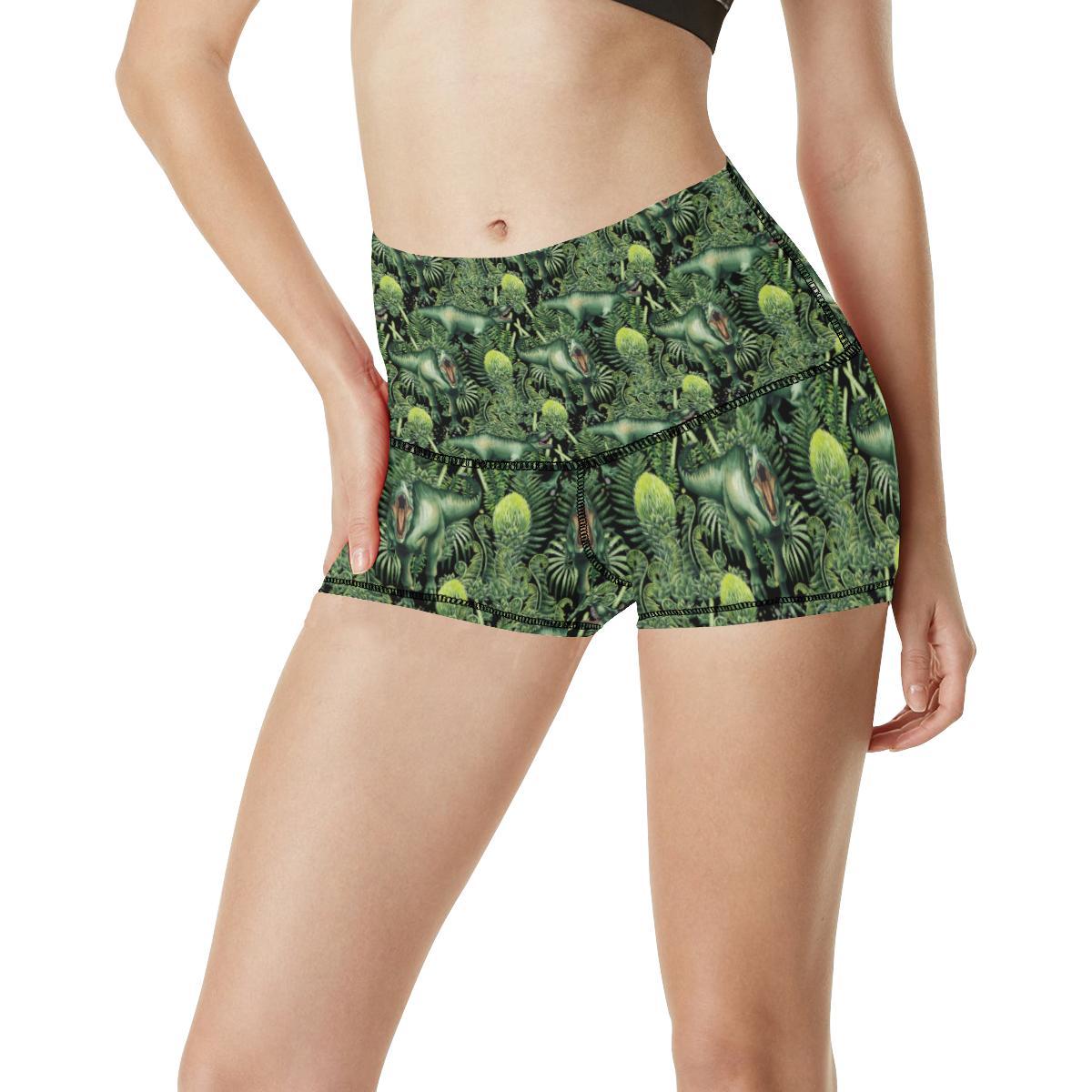 Dinosaur T Rex Print Pattern High Waisted Spandex Shorts-JTAMIGO.COM