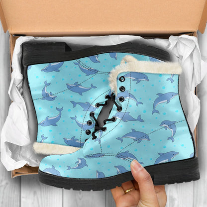 Dolphin Baby Cute Print Pattern Faux Fur Leather Boots-JTAMIGO.COM