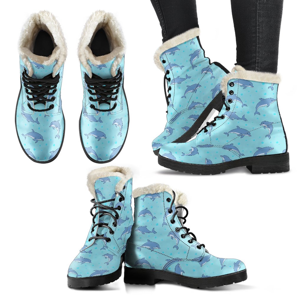 Dolphin Baby Cute Print Pattern Faux Fur Leather Boots-JTAMIGO.COM
