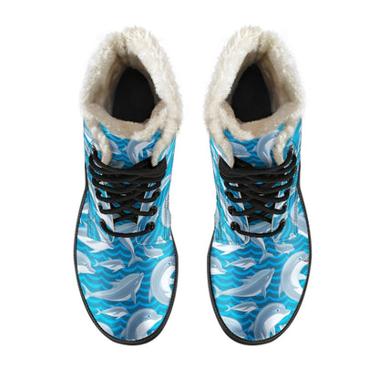 Dolphin Cute Print Pattern Faux Fur Leather Boots-JTAMIGO.COM