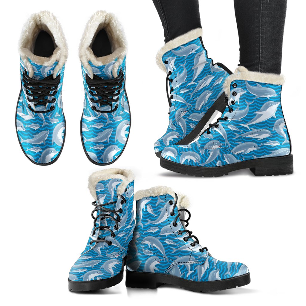 Dolphin Cute Print Pattern Faux Fur Leather Boots-JTAMIGO.COM
