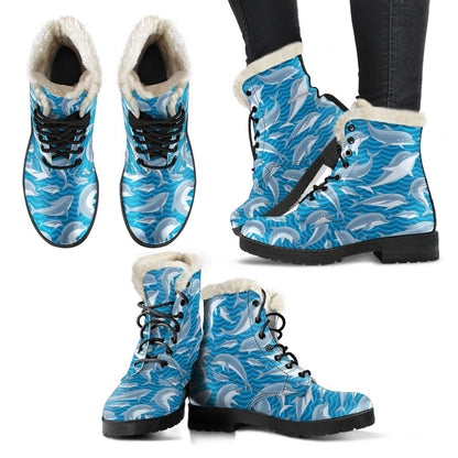 Dolphin Cute Print Pattern Faux Fur Leather Boots-JTAMIGO.COM