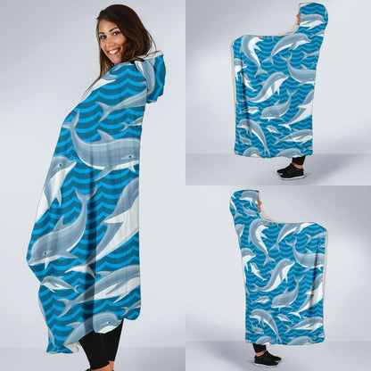 Dolphin Cute Print Pattern Hooded Blanket-JTAMIGO.COM