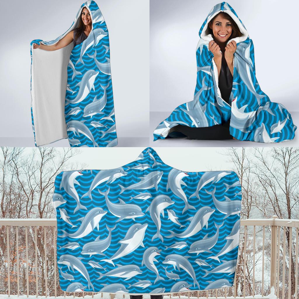 Dolphin Cute Print Pattern Hooded Blanket-JTAMIGO.COM