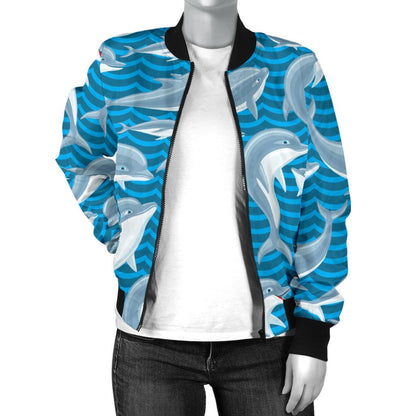 Dolphin Cute Print Pattern Women Casual Bomber Jacket