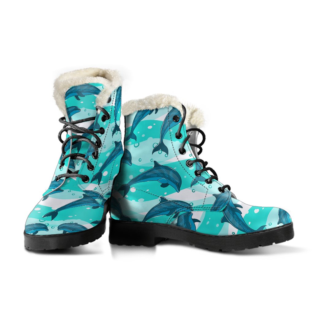 Dolphin Design Print Pattern Faux Fur Leather Boots-JTAMIGO.COM