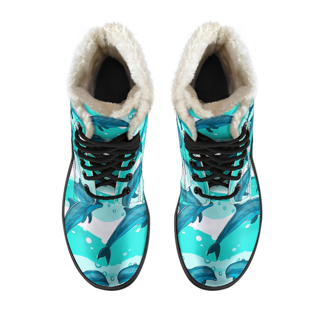 Dolphin Design Print Pattern Faux Fur Leather Boots-JTAMIGO.COM
