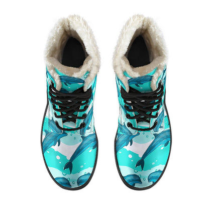 Dolphin Design Print Pattern Faux Fur Leather Boots-JTAMIGO.COM