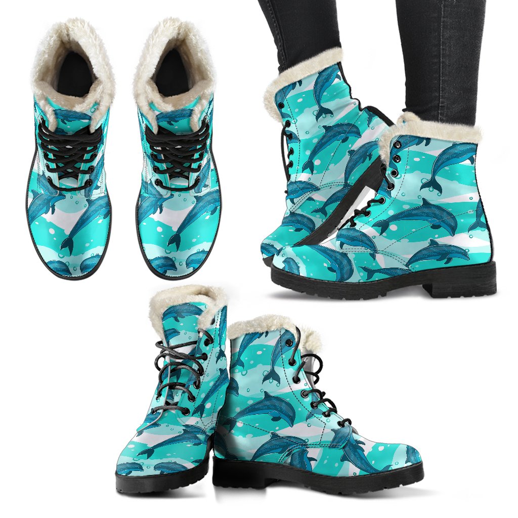 Dolphin Design Print Pattern Faux Fur Leather Boots-JTAMIGO.COM