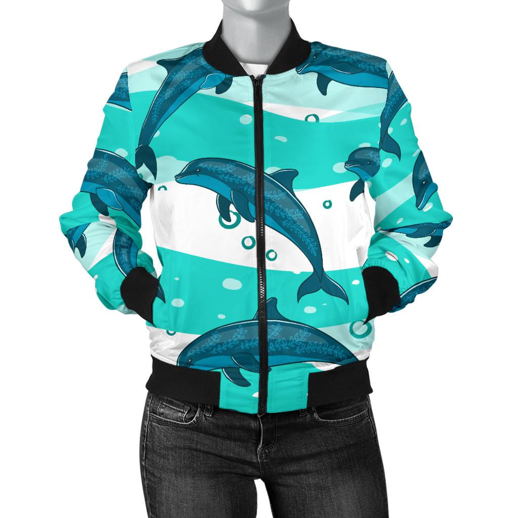 Dolphin Design Print Pattern Women Casual Bomber Jacket