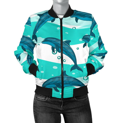Dolphin Design Print Pattern Women Casual Bomber Jacket