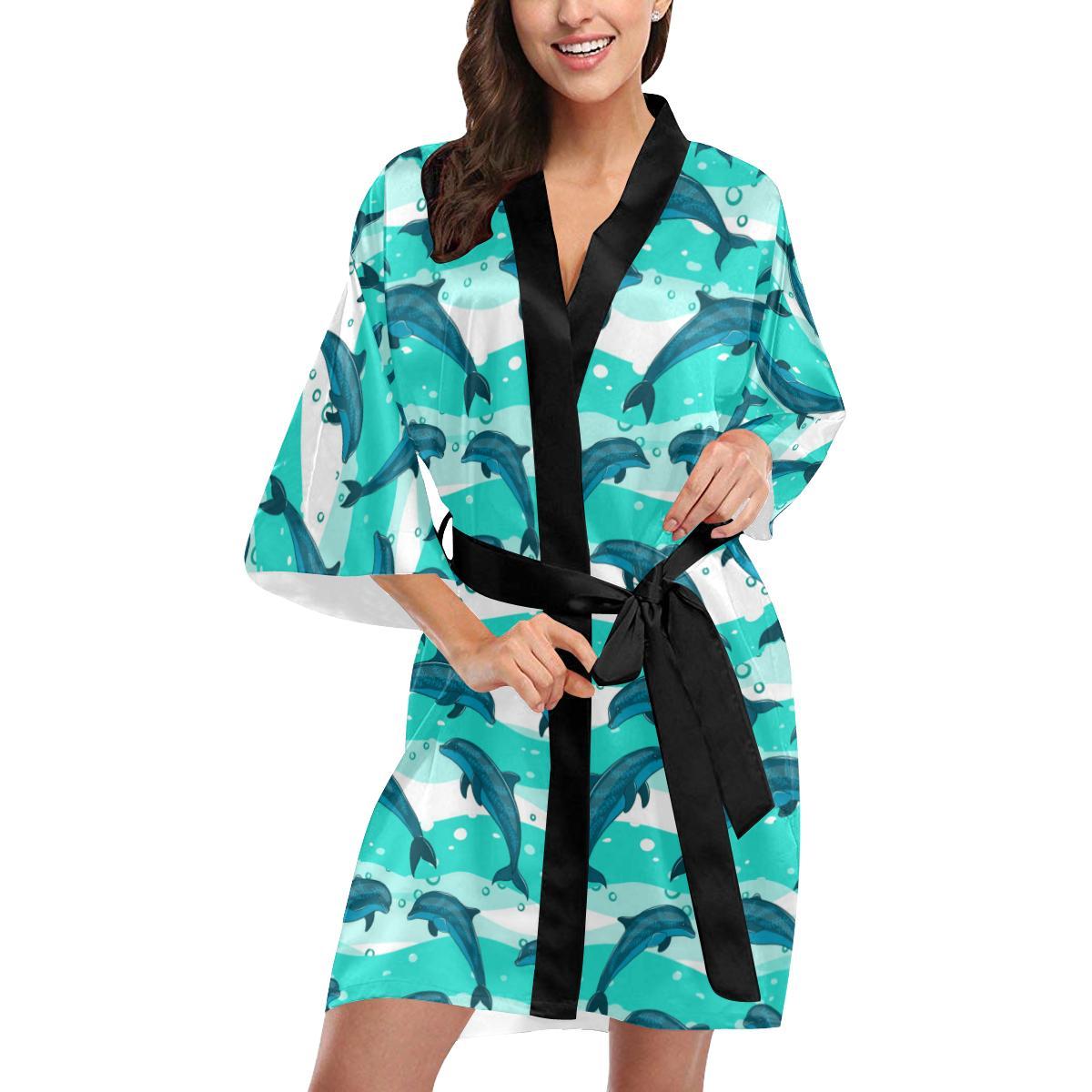 Dolphin Design Print Pattern Women Short Kimono Robe