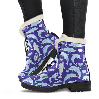 Dolphin Smile Print Pattern Faux Fur Leather Boots-JTAMIGO.COM