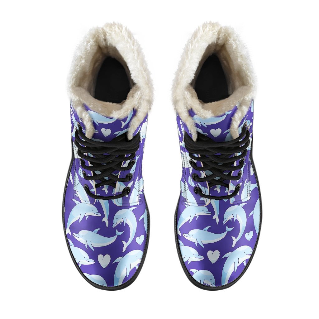 Dolphin Smile Print Pattern Faux Fur Leather Boots-JTAMIGO.COM