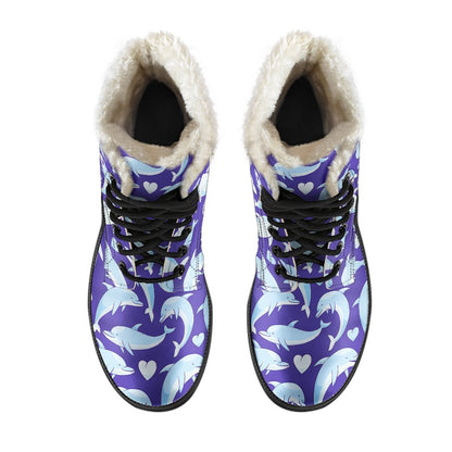 Dolphin Smile Print Pattern Faux Fur Leather Boots-JTAMIGO.COM