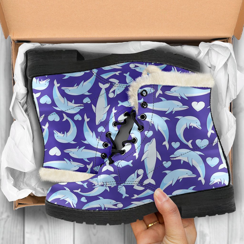Dolphin Smile Print Pattern Faux Fur Leather Boots-JTAMIGO.COM