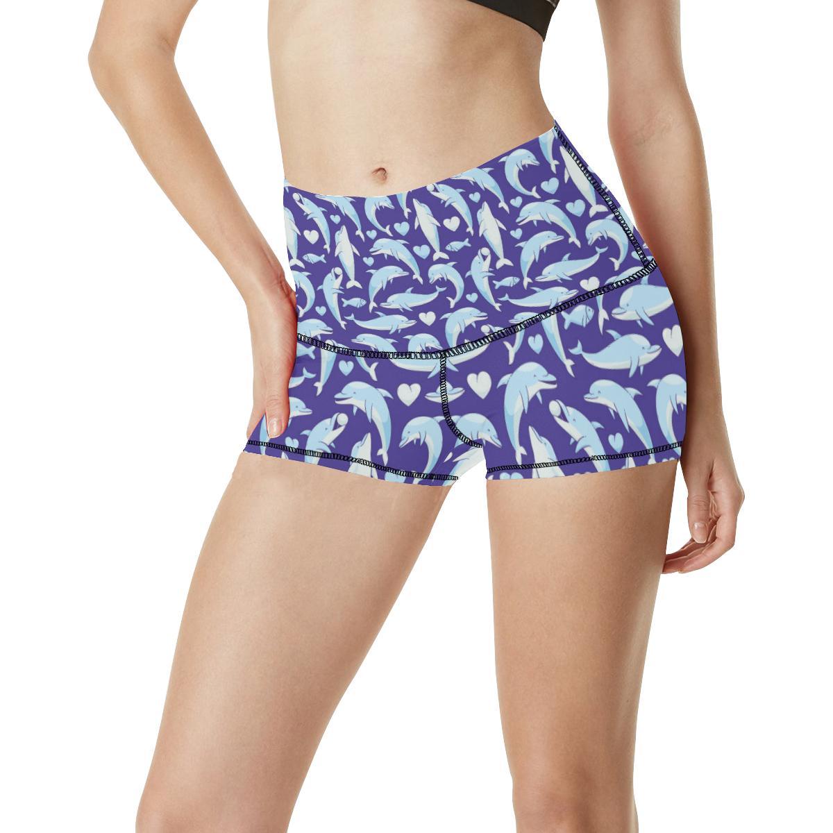 Dolphin Smile Print Pattern High Waisted Spandex Shorts-JTAMIGO.COM