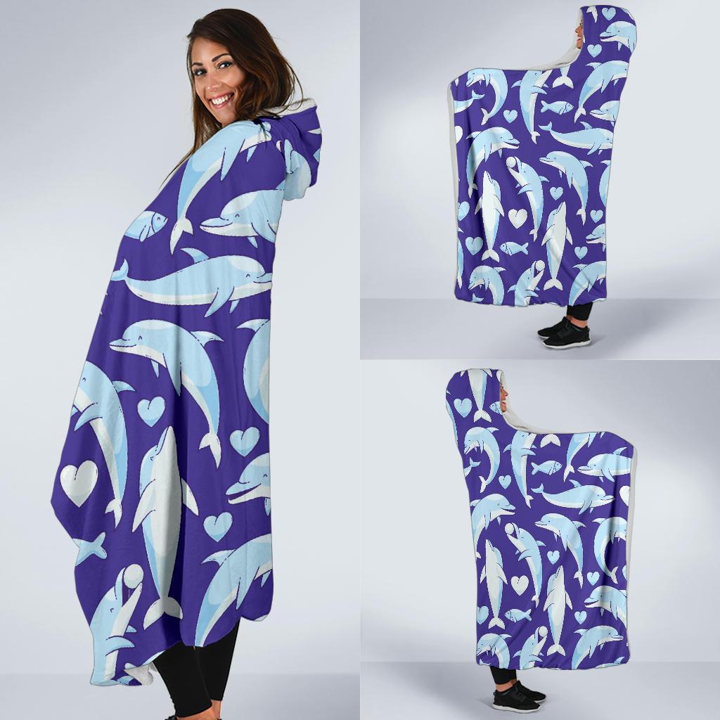 Dolphin Smile Print Pattern Hooded Blanket-JTAMIGO.COM