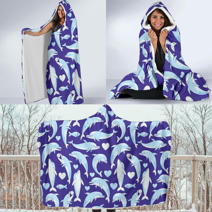 Dolphin Smile Print Pattern Hooded Blanket-JTAMIGO.COM