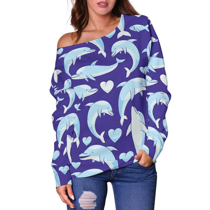 Dolphin Smile Print Pattern Off Shoulder Sweatshirt