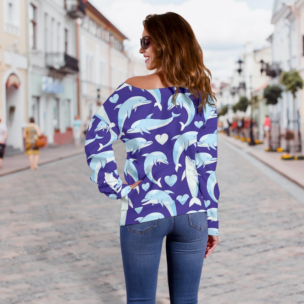 Dolphin Smile Print Pattern Off Shoulder Sweatshirt