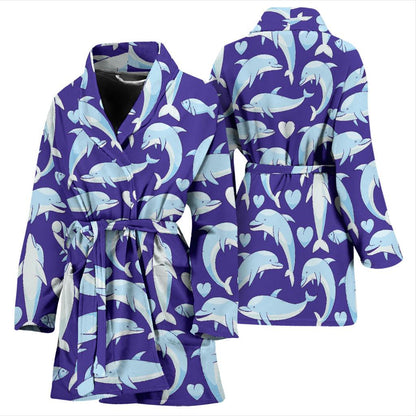 Dolphin Smile Print Pattern Women Bath Robe-JTAMIGO.COM