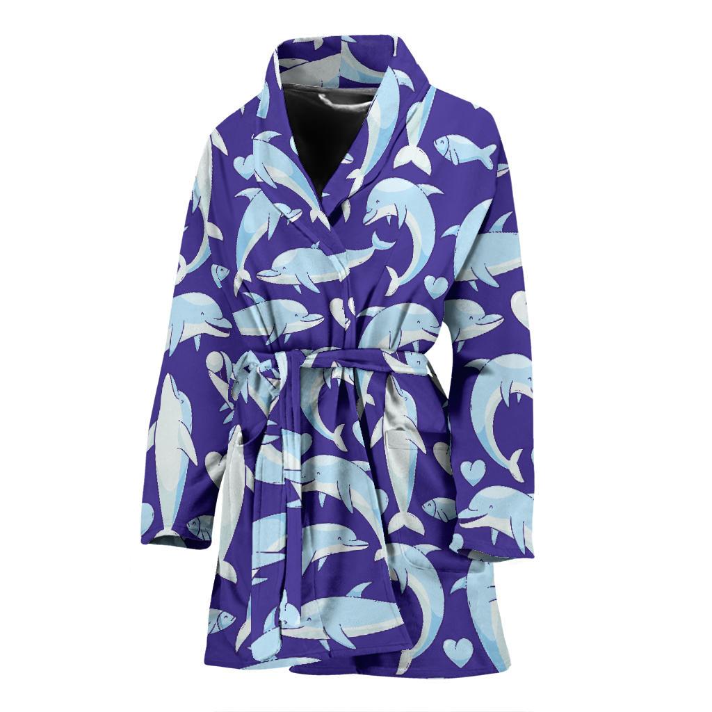 Dolphin Smile Print Pattern Women Bath Robe-JTAMIGO.COM