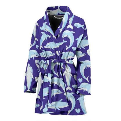 Dolphin Smile Print Pattern Women Bath Robe-JTAMIGO.COM
