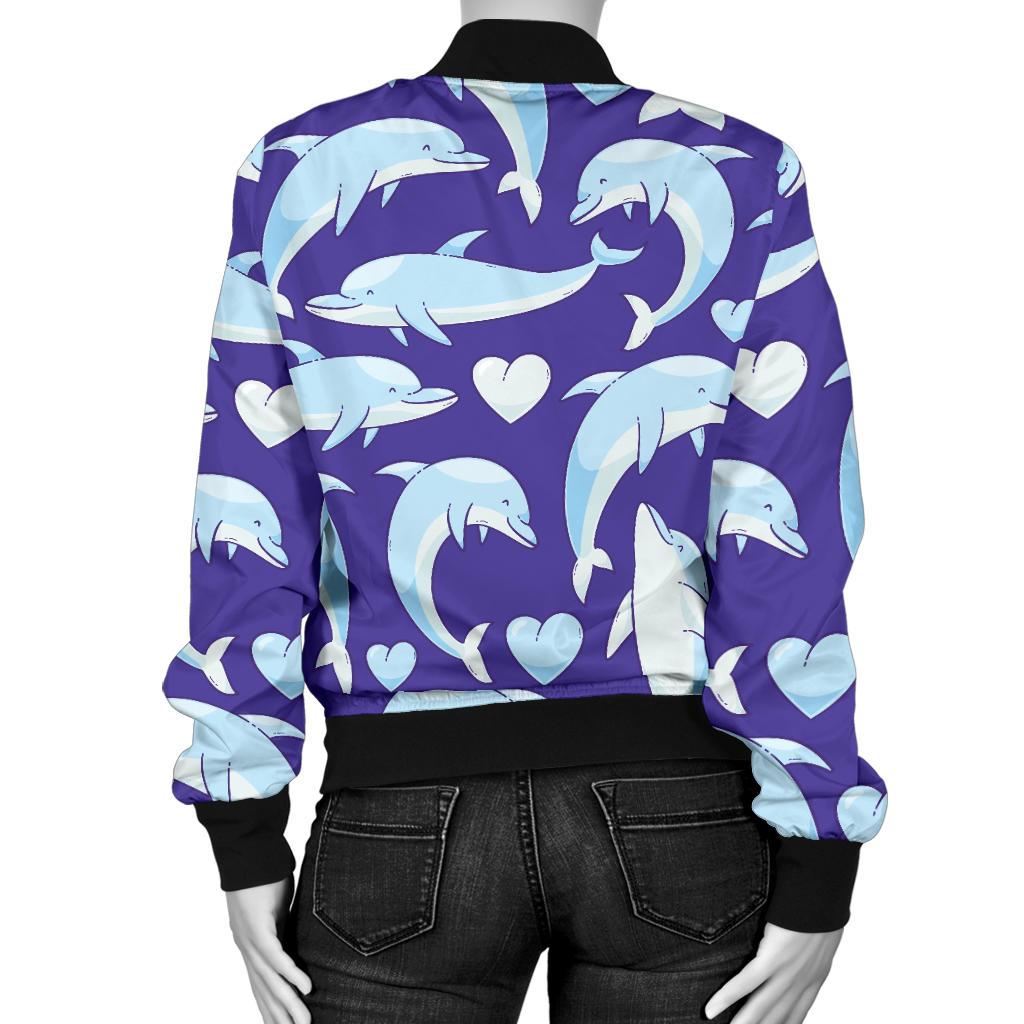 Dolphin Smile Print Pattern Women Casual Bomber Jacket