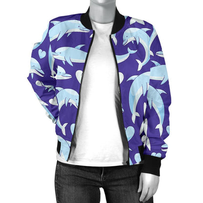 Dolphin Smile Print Pattern Women Casual Bomber Jacket