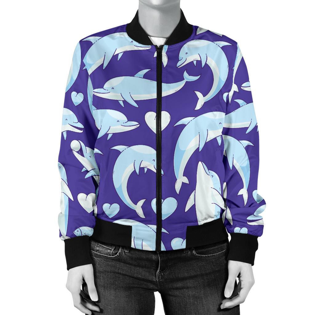 Dolphin Smile Print Pattern Women Casual Bomber Jacket