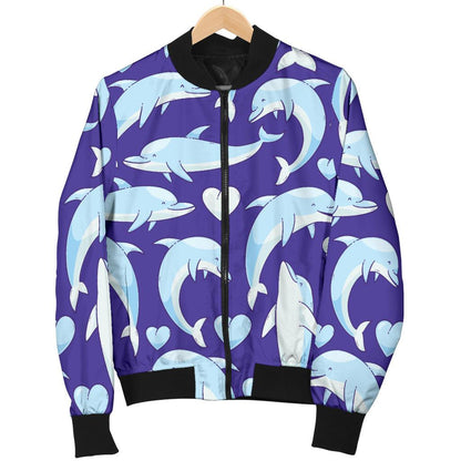 Dolphin Smile Print Pattern Women Casual Bomber Jacket