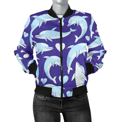 Dolphin Smile Print Pattern Women Casual Bomber Jacket