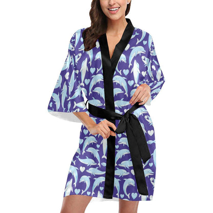 Dolphin Smile Print Pattern Women Short Kimono Robe
