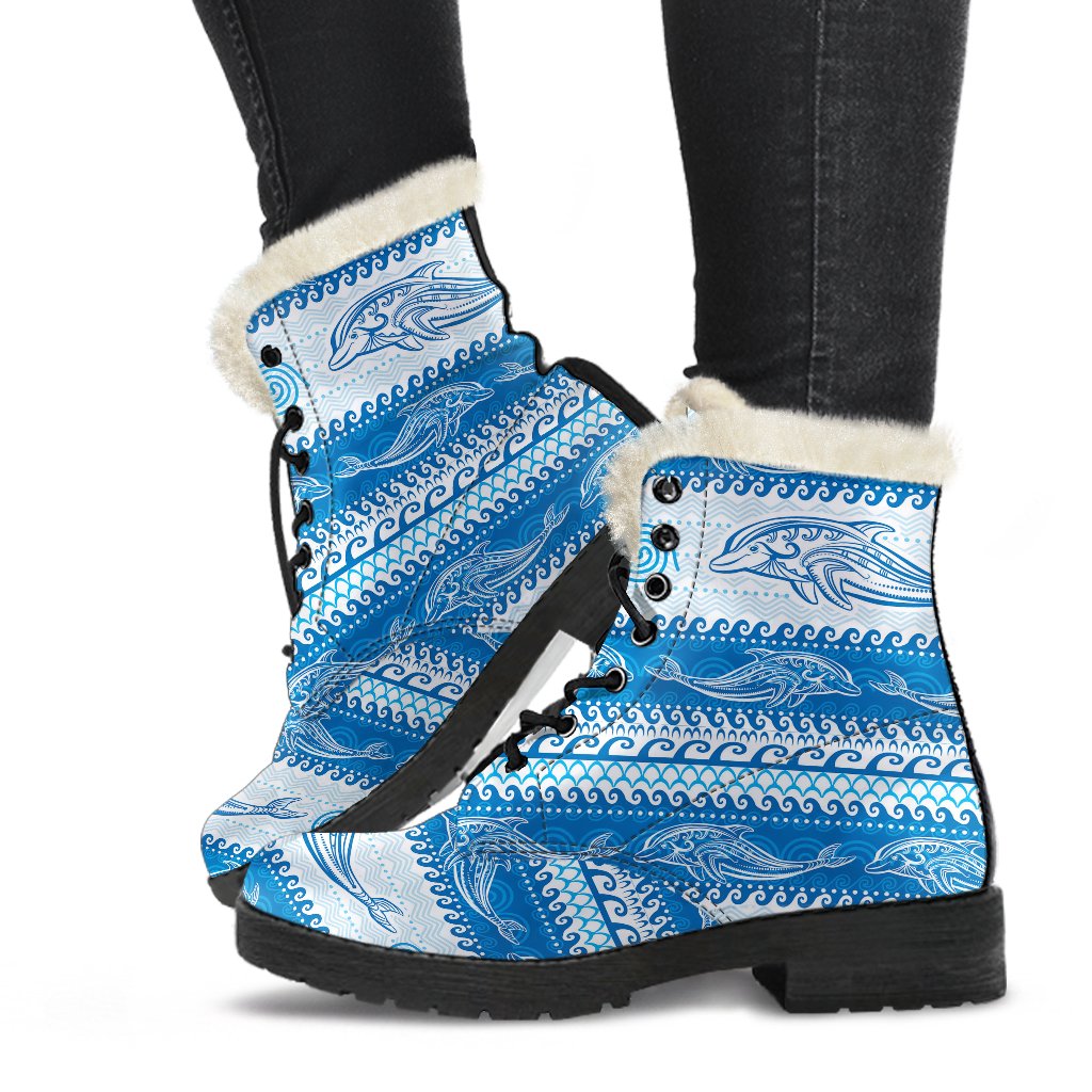 Dolphin Tribal Print Pattern Faux Fur Leather Boots-JTAMIGO.COM