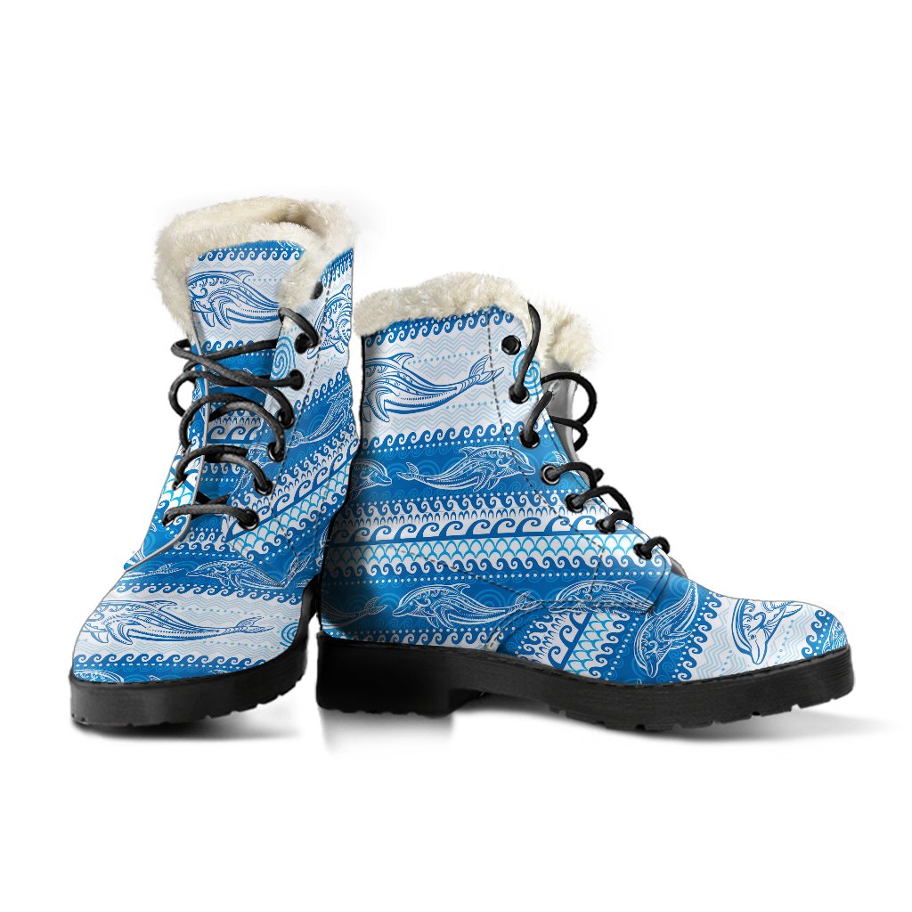 Dolphin Tribal Print Pattern Faux Fur Leather Boots-JTAMIGO.COM