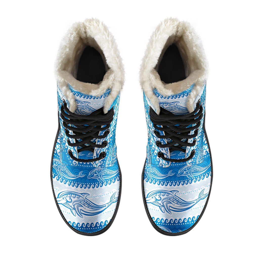 Dolphin Tribal Print Pattern Faux Fur Leather Boots-JTAMIGO.COM