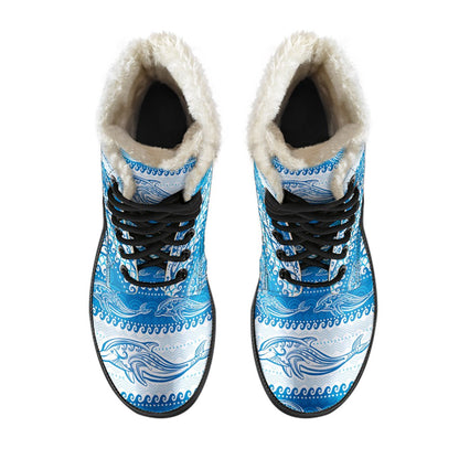 Dolphin Tribal Print Pattern Faux Fur Leather Boots-JTAMIGO.COM