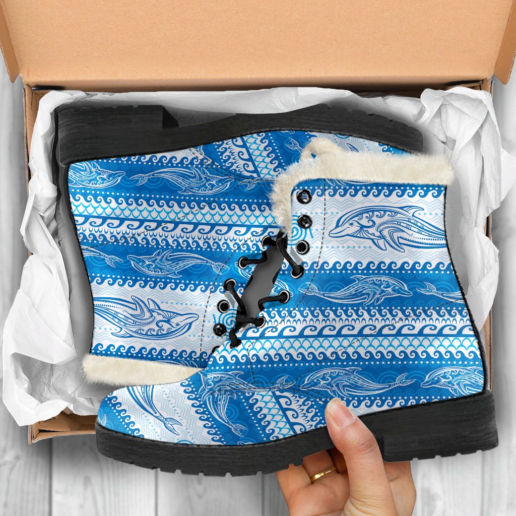 Dolphin Tribal Print Pattern Faux Fur Leather Boots-JTAMIGO.COM