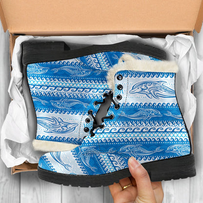 Dolphin Tribal Print Pattern Faux Fur Leather Boots-JTAMIGO.COM