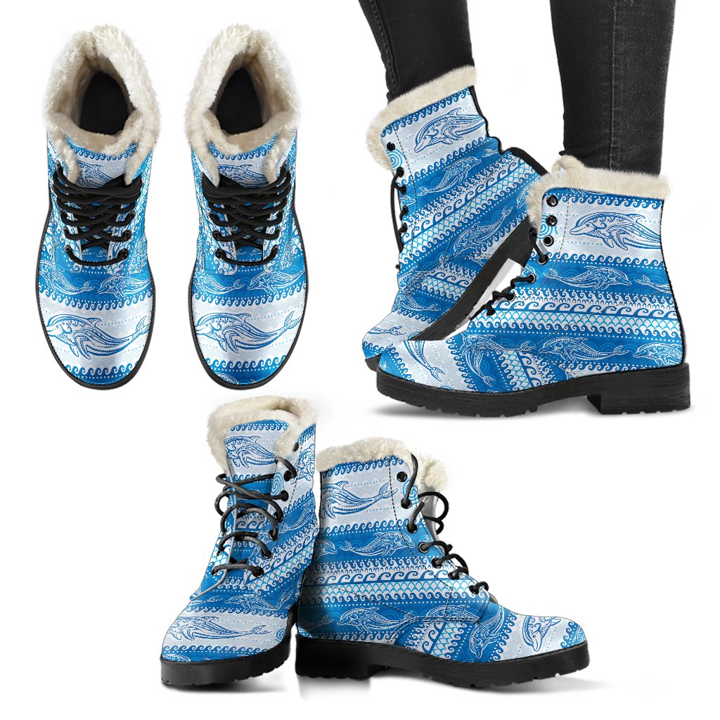 Dolphin Tribal Print Pattern Faux Fur Leather Boots-JTAMIGO.COM
