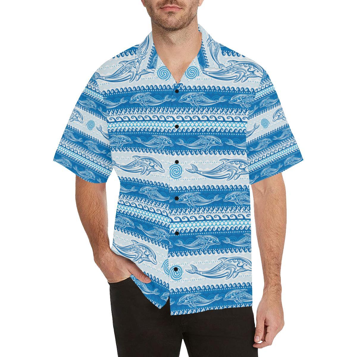 Dolphin Tribal Print Pattern Men Aloha Hawaiian Shirt