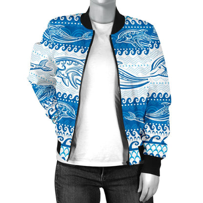 Dolphin Tribal Print Pattern Women Casual Bomber Jacket