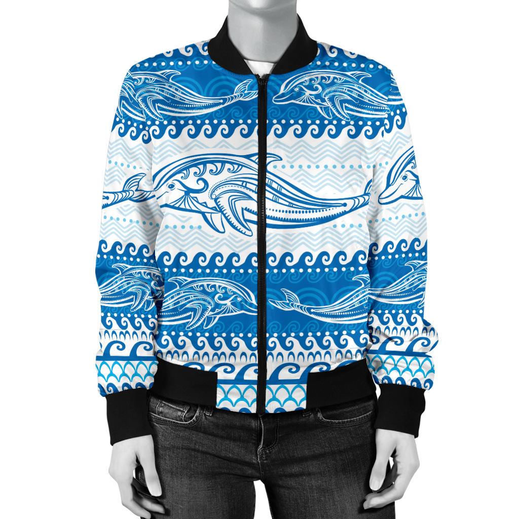 Dolphin Tribal Print Pattern Women Casual Bomber Jacket