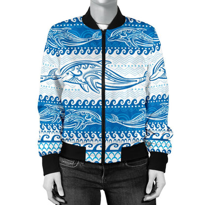 Dolphin Tribal Print Pattern Women Casual Bomber Jacket
