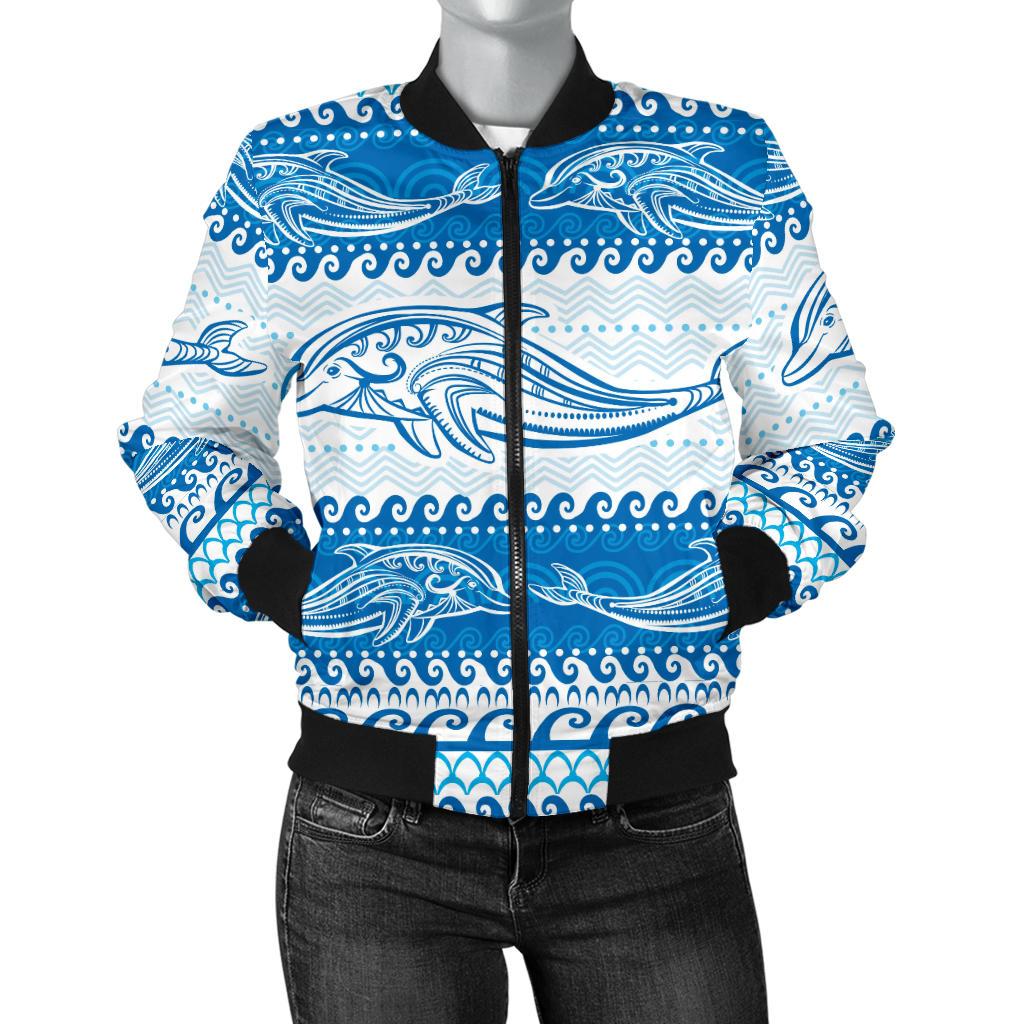 Dolphin Tribal Print Pattern Women Casual Bomber Jacket