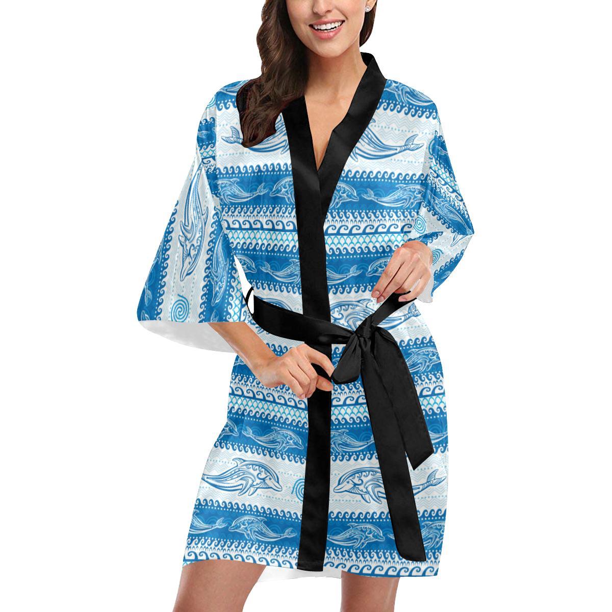 Dolphin Tribal Print Pattern Women Short Kimono Robe