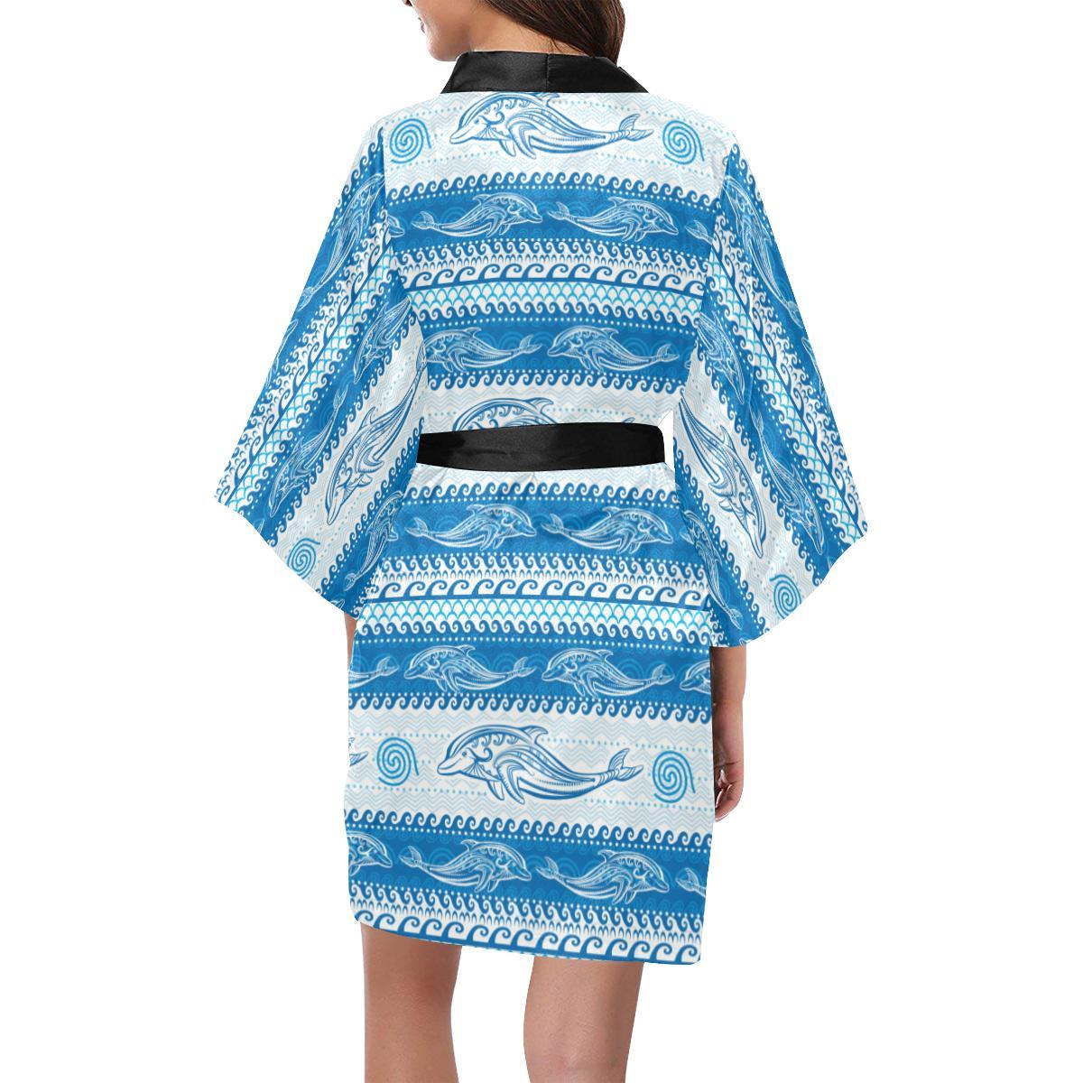 Dolphin Tribal Print Pattern Women Short Kimono Robe