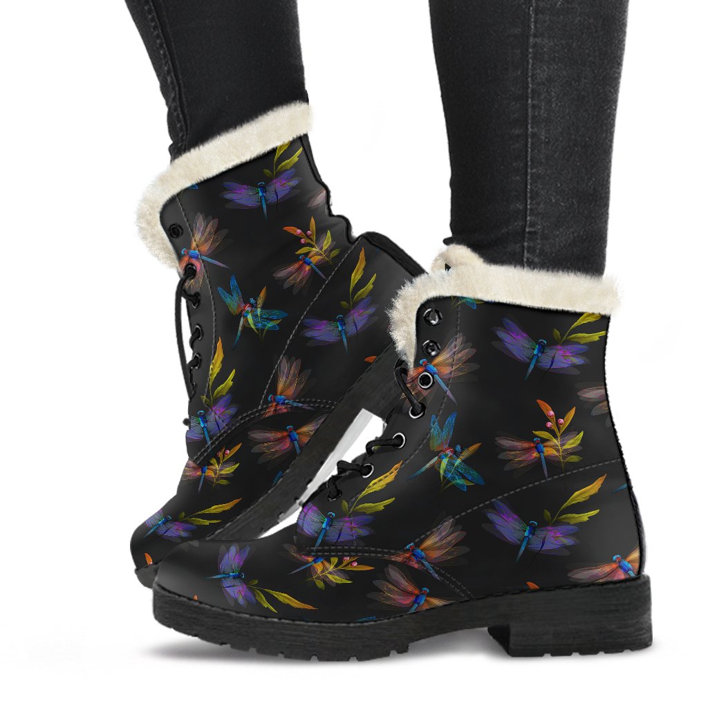 Dragonfly Colorful Realistic Print Faux Fur Leather Boots-JTAMIGO.COM