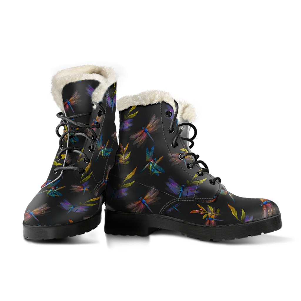 Dragonfly Colorful Realistic Print Faux Fur Leather Boots-JTAMIGO.COM